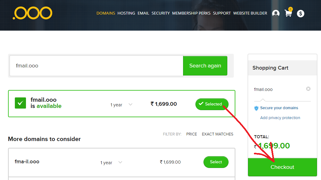 An available domain in the results