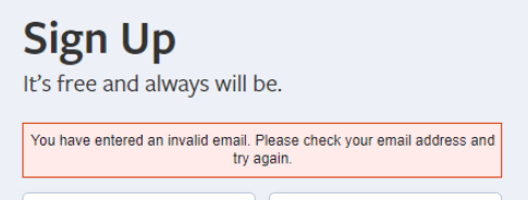 Facebook의 You have entered an invalid email 오류 화면