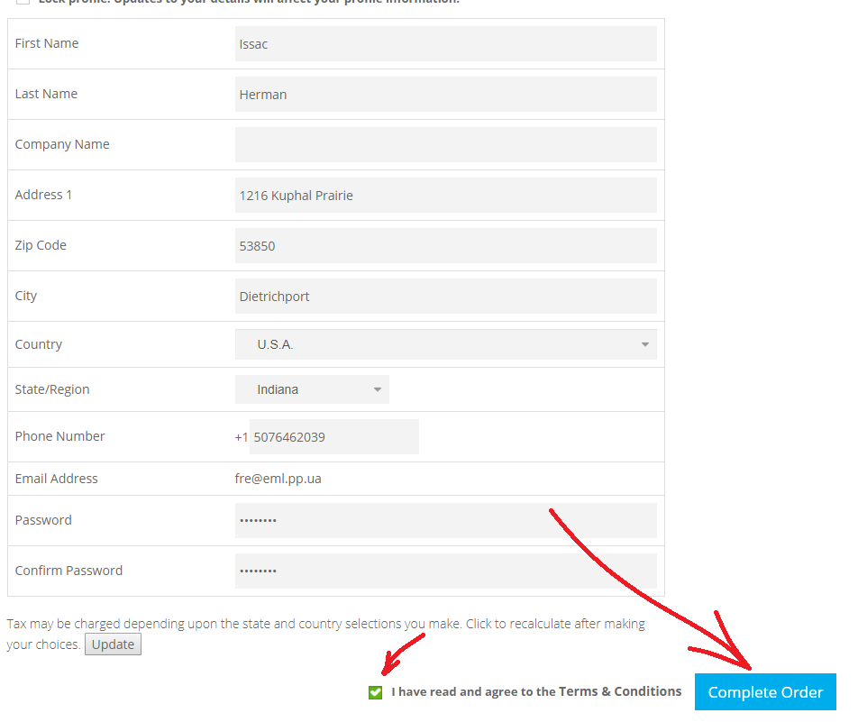 Filling in the registration form